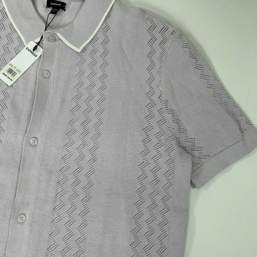 NWT Express Men’s Medium Button Down Collard Style Knit Shirt 100 % Cotton LILAC - Picture 3 of 7
